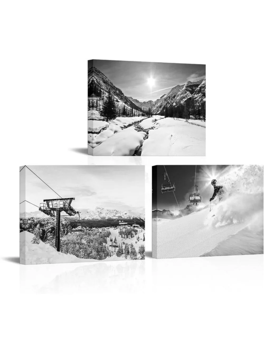 3 Piece Ski Lift Canvas Wall Art Set - Black & White Winter Mountain Decor